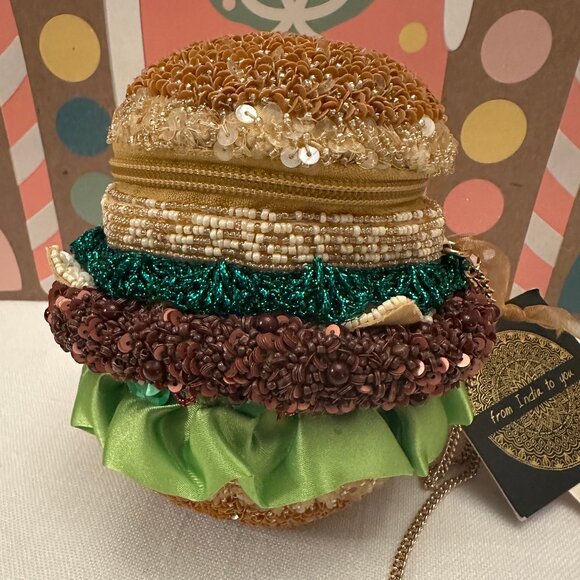 TIK TOK Viral Beaded India Handcrafted Burger Bag With Gold Chain NWT - Picture 4 of 9